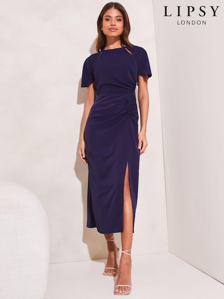 Lipsy Navy Ruched Button Front Sleeved Midi Dress (K75568) | 155 QAR