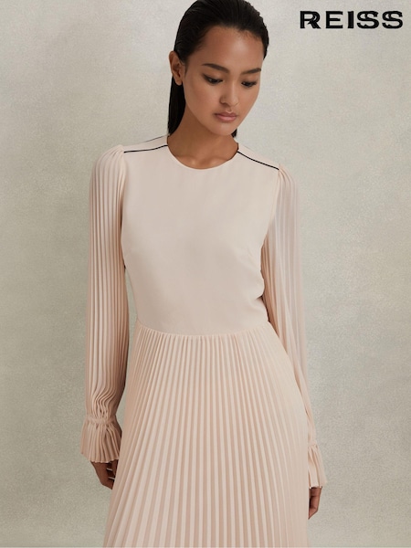Reiss Nude/Black Priya Pleated Belted Midi Dress (K76048) | €349