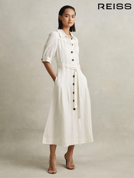 Reiss White Malika Belted Cap Sleeve Midi Dress (K76106) | AED1,354