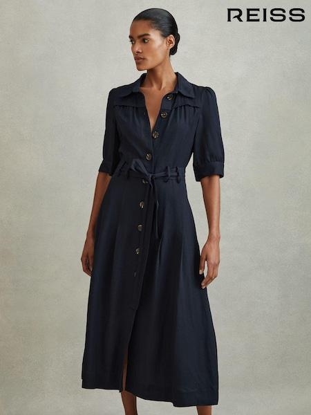Reiss Navy Malika Belted Cap Sleeve Midi Dress With Linen (K76119) | AED1,354
