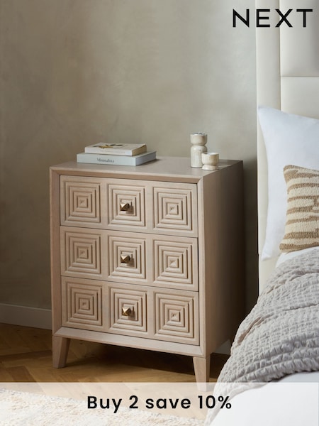 Light Grey Thalia Solid Mango Wood 3 Drawer Wide Bedside Table (K76159) | €490