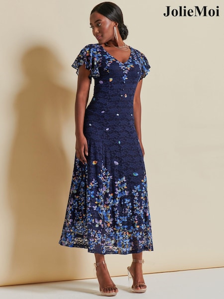 Jolie Moi Blue Mirrored Print Lace Maxi Dress (K76216) | €70
