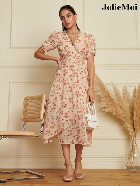 Jolie Moi Nude Puff Sleeve Chiffon Wrap Midi Dress (K76226) | €44
