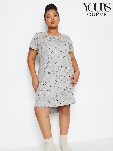 Yours Curve Grey Celestial Tonal Dipped Back 100% Cotton Nightdress (K76247) | R$ 190