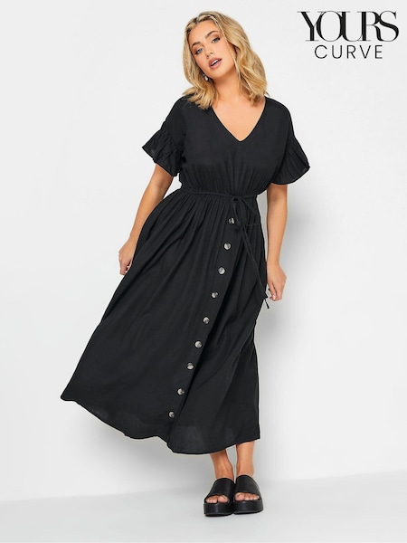Yours Curve Black Frill Sleeve Linen 100% Cotton Maxi Dress (K76252) | $65
