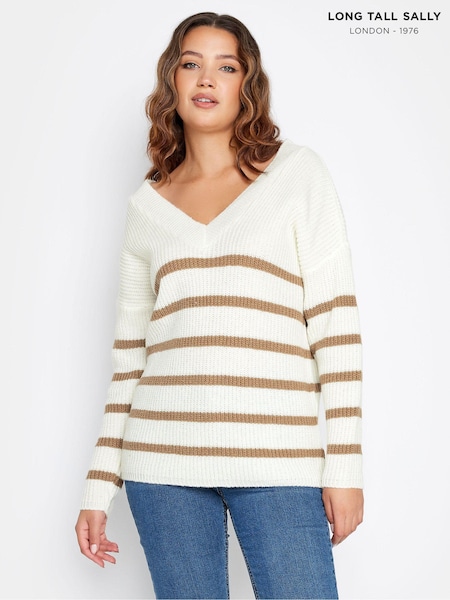 Long Tall Sally Natural cream V-Neck Striped Jumper (K76283) | kr443