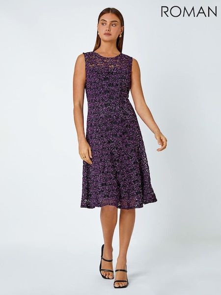 Roman Purple Sleeveless Glitter Lace Stretch Dress (K76514) | €31
