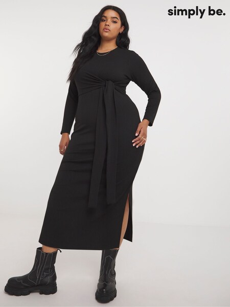 Simply Be Black Ribbed Tie Front Dress (K76785) | €17.50