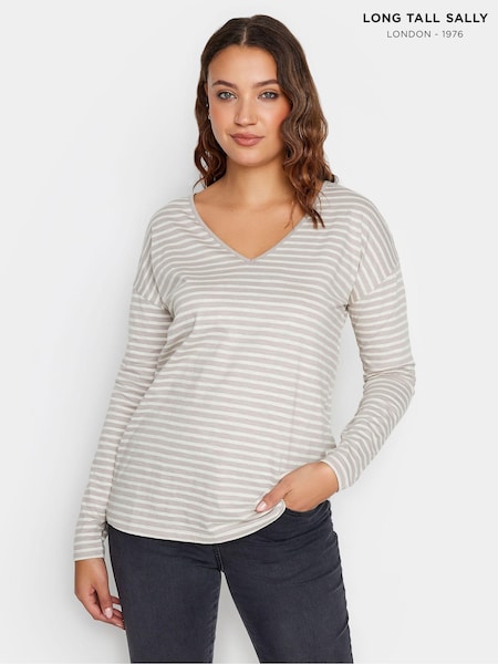 Cream - Long Tall Sally 100% Cotton Mânecă lungă Dungă Decolteu în V Tricou (K77193) | 127 LEI