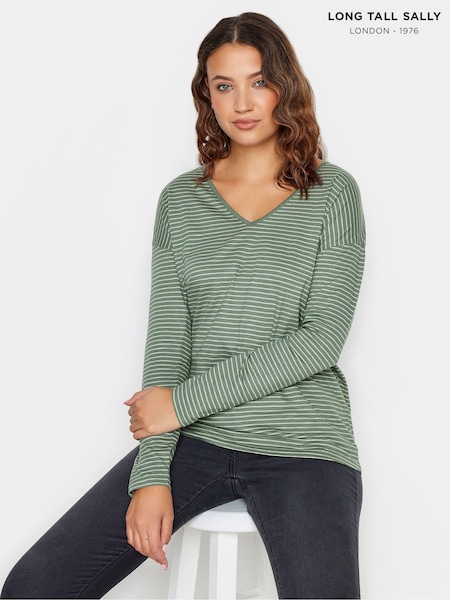 Verde - Long Tall Sally 100% Cotton Mânecă lungă Dungă Decolteu în V Tricou (K77205) | 60 LEI