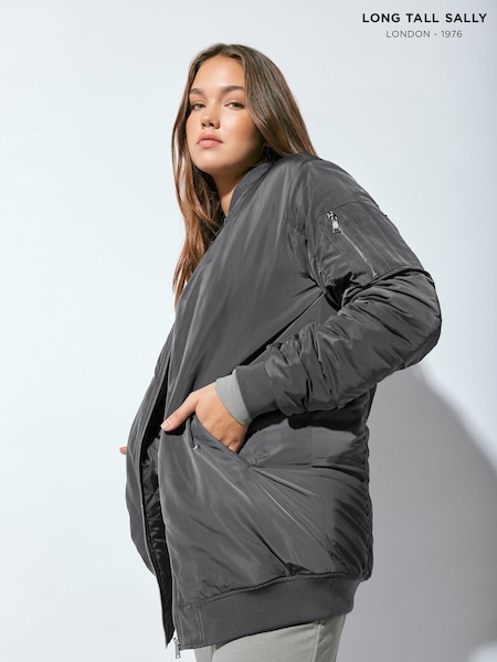 Long Tall Sally Grey Tall Padded Longline Bomber Jacket (K77464) | ₪327