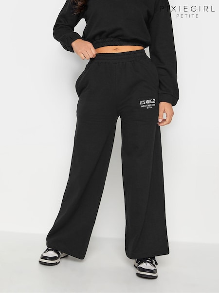 Черный - PixieGirl Petite Los Angeles Embroidered Wide Leg 100% Cotton Joggers (K77505) | €12