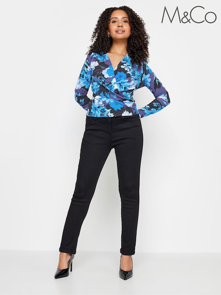 M&Co Blue Petite Petite Wrap Long Sleeve Top (K77567) | AED62