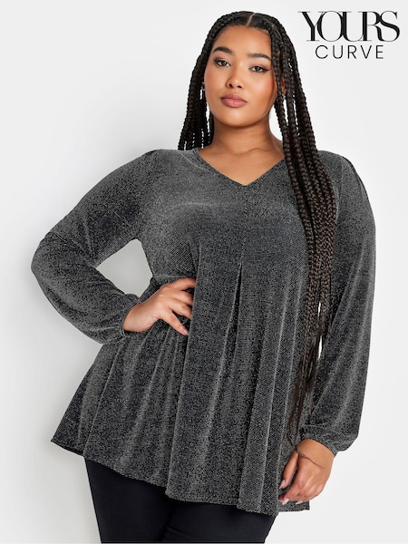Yours Curve Black Pleated Front Balloon Sleeve Top (K77630) | €15.50
