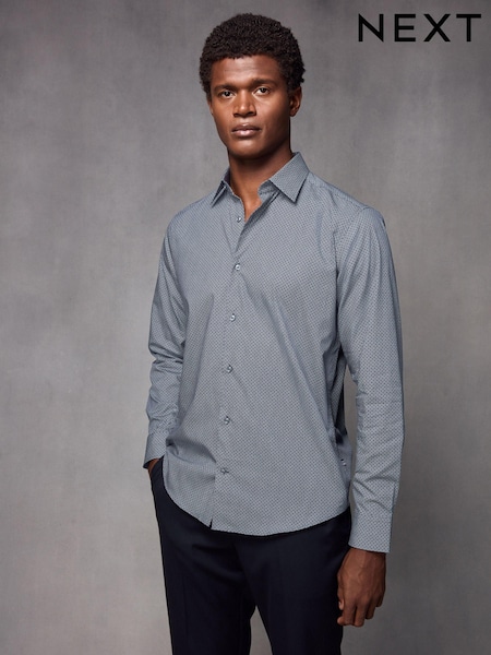 Navy Blue/White Geometric Printed 100% Cotton Formal Single Cuff Shirt (K77849) | 94 QAR