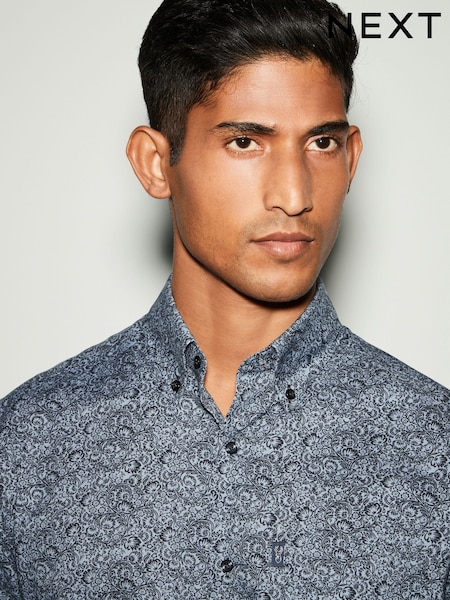 Albastru bleumarin cu model floral - Măsură regular - Easy Iron Mânecă lungă Single Cuff Printed Oxford Cămăși (K77854) | 111 LEI