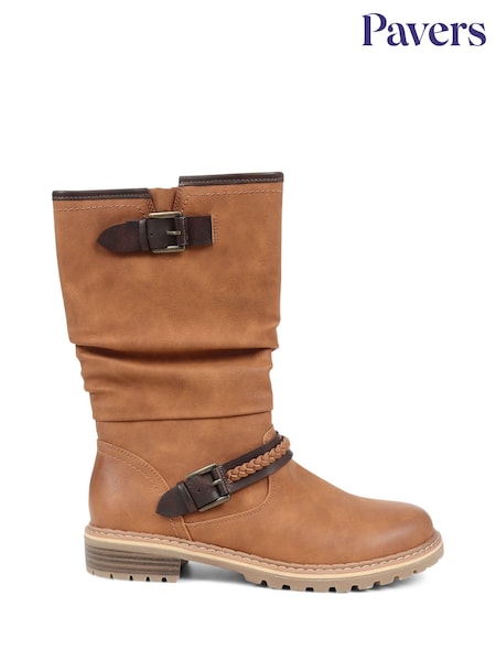 Коричневый - Pavers Casual Buckle Strap Mid-Calf Biker Boots in Black (K77867) | €64