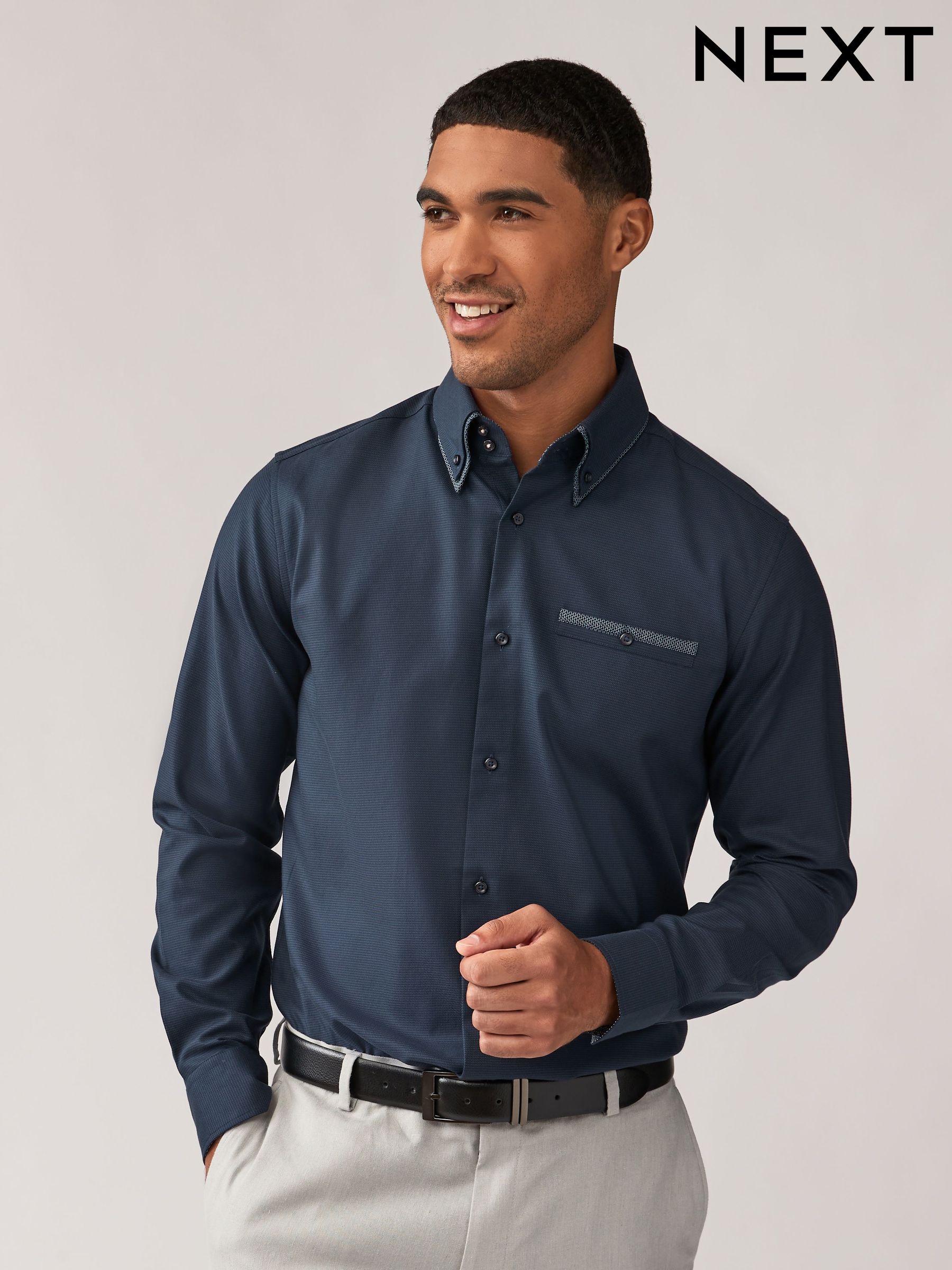 Navy blue dress shirt mens clearance