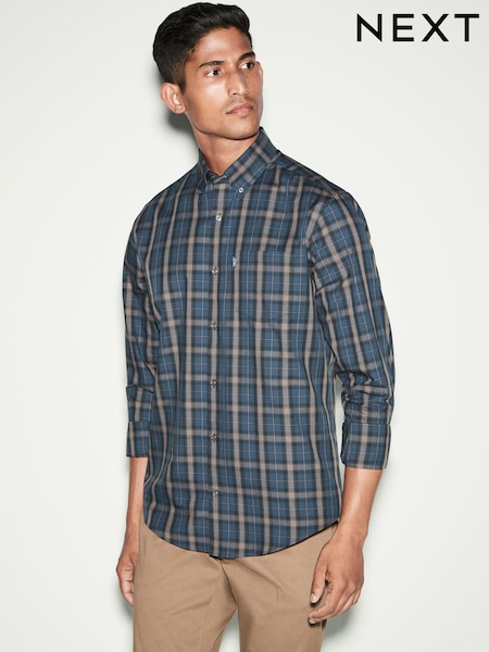 Navy Blue/Neutral Brown Check Regular Fit Easy Iron Button Down Oxford Shirt (K77877) | $39