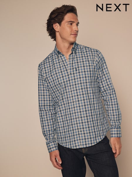Blue/Charcoal Grey Marl Gingham Regular Fit Easy Iron Long Sleeve Single Cuff Oxford Shirt (K77898) | €5
