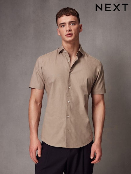 Neutral Brown Short Sleeve Linen Blend Shirt (K77918) | €16