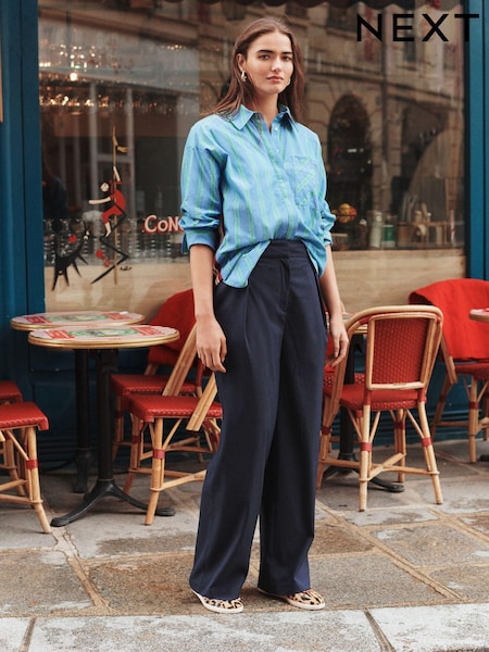 Navy Pinstripe Elastic Back Wide Leg Trousers (K77926) | €59