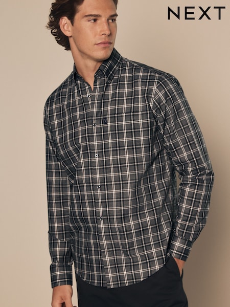 Grey Check Regular Fit Easy Iron Long Sleeve Single Cuff Oxford Shirt (K77929) | €5