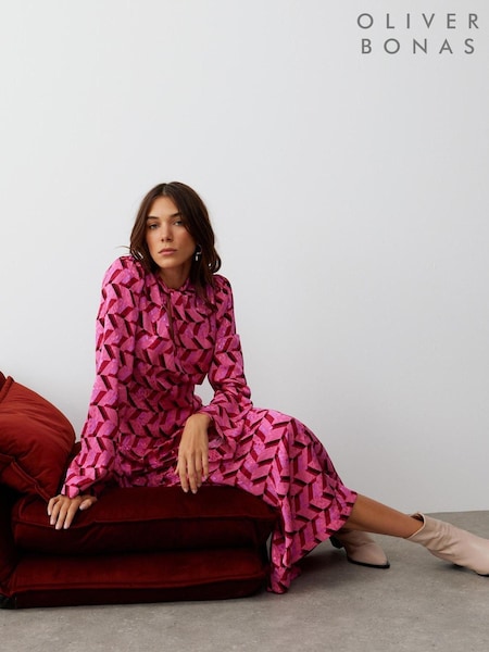 Oliver Bonas Pink Geometric Knot Front Midi Dress (K77990) | €51
