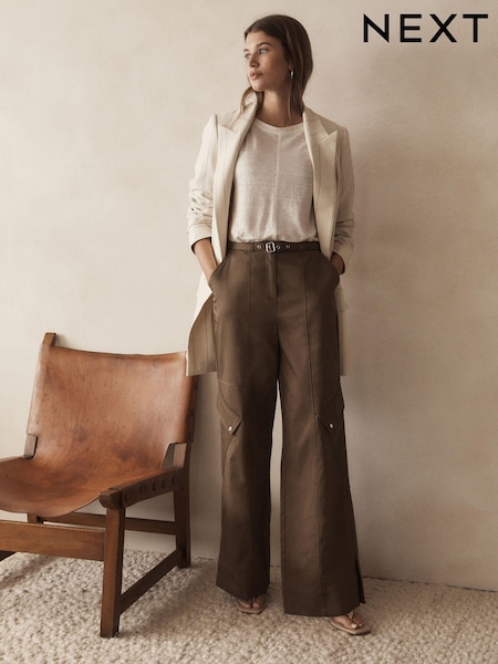 Khaki Green Utility Belted Wide Leg 100% Cotton Cargo Trousers (K78078) | €17