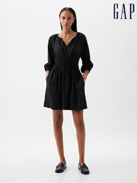 Gap Black Linen Cotton Long Sleeve Shirred Waist Mini Dress (K78131) | €18.50