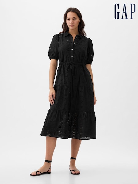 Gap Black Eyelet Tie Waist Tiered Midi Dress (K78152) | €52