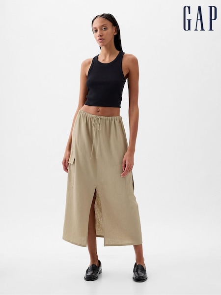 Gap Beige Linen Cotton Utility Pocket Midi Skirt (K78242) | €31