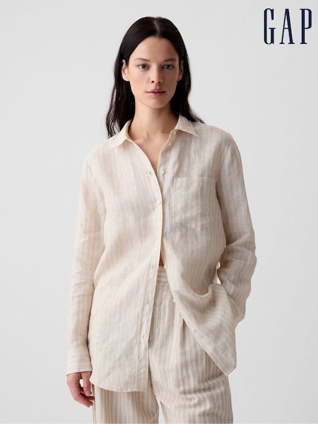 Gap Cream Stripe 100% Linen Long Sleeve Oversized Shirt (K78260) | €22.50