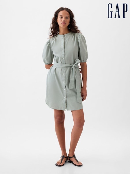 Gap Green Linen Blend Short Puff Sleeve Mini Shirt Dress (K78279) | €27