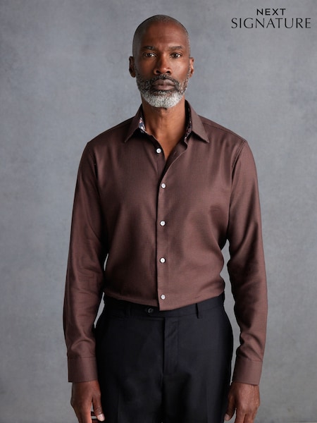 Chocolate Brown Slim Fit Signature Trimmed Premium Long Sleeve Single Cuff 100% Cotton Shirt (K78302) | €23