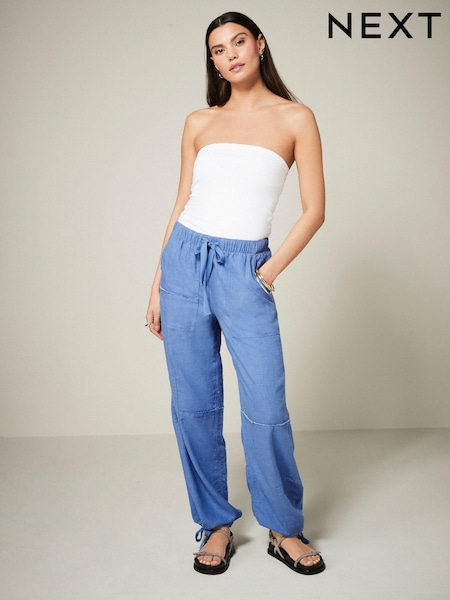 Albastru - Linen Blend Parachute Trousers (K78314) | 121 LEI