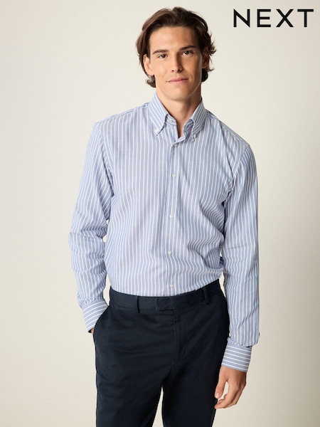 Blue/White Stripe Regular Fit Easy Care Long Sleeve Single Cuff Royal Oxford Shirt (K78330) | €11
