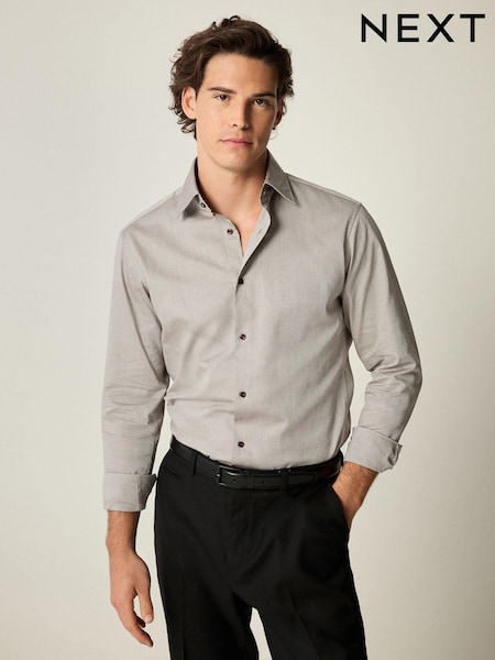 Neutral Brown Slim Fit Trimmed 100% Cotton Texture Long Sleeve Single Cuff Shirt (K78334) | 188 QAR