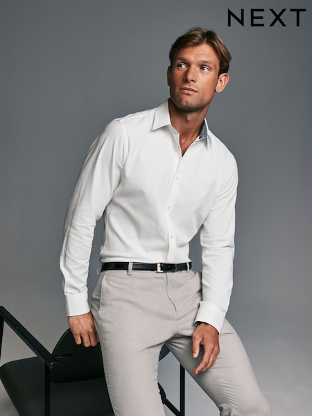 White Slim Fit Trimmed 100% Cotton Texture Long Sleeve Single Cuff Shirt (K78335) | €24