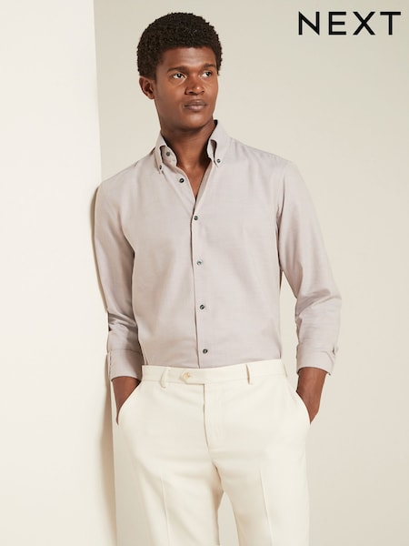 Neutral Brown Regular Fit Easy Care Long Sleeve Single Cuff Royal Oxford Shirt (K78337) | €6