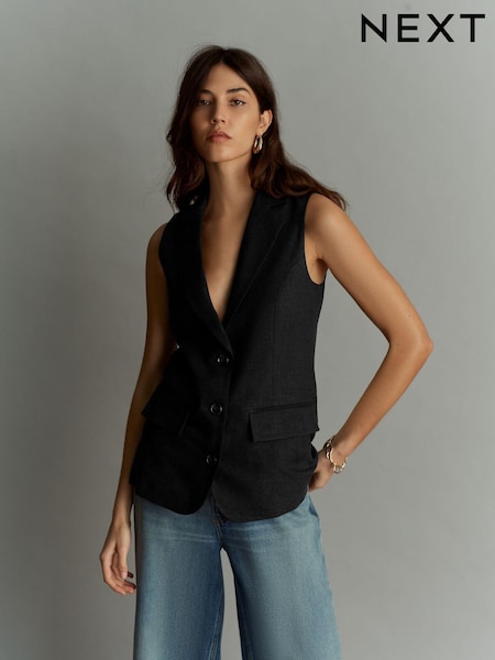 Black Linen Blend Long Line Waistcoat (K78364) | €16