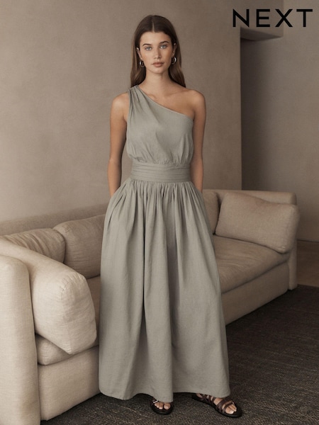 Зеленый - Premium One Shoulder Midi Dress With Linen (K78372) | €18