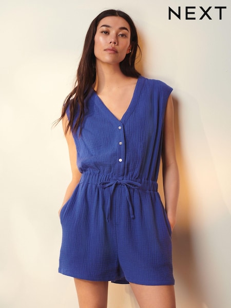 Albastru - Textured Summer Playsuit (K78405) | 106 LEI