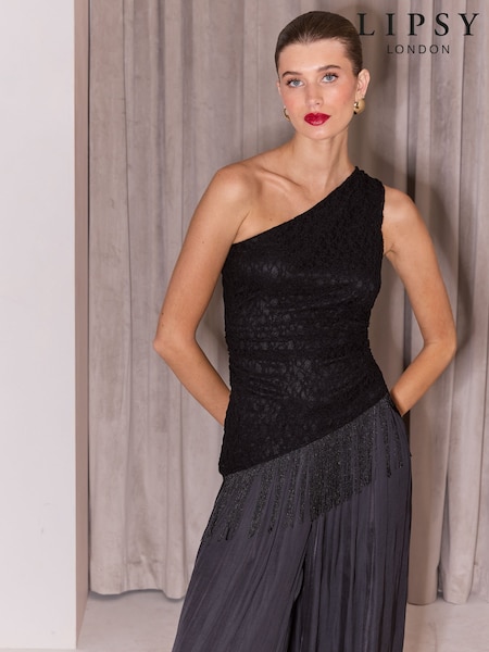 Black - Lipsy Lace Fringe One Shoulder Top