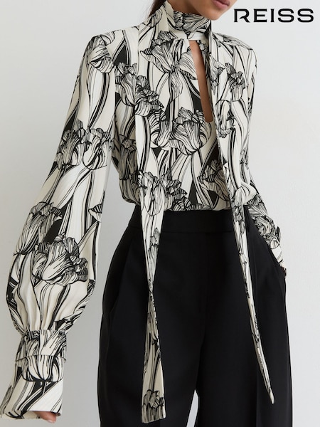 Black/White - Reiss Kennedy Floral-print Tie-neck Blouse