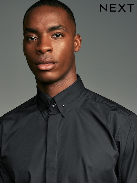 Black Regular Fit Long Sleeve Single Cuff Pin Collar Oxford Shirt (K78570) | AED65