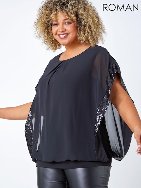 Roman Black Curve Sequin Trim Chiffon Overlay Top (K78784) | €24