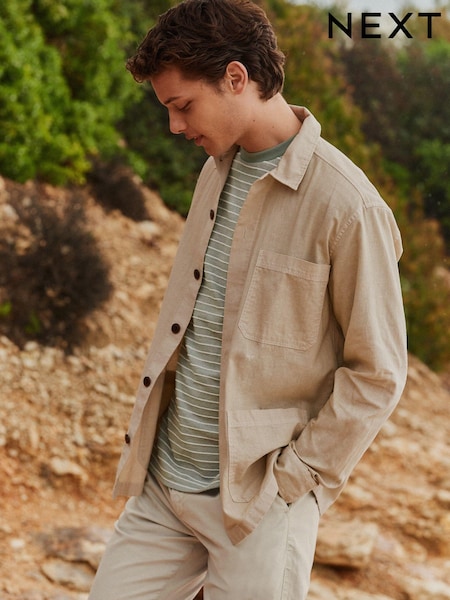 Stone Natural Linen Blend Chore Shacket Overshirt (K78896) | AED105