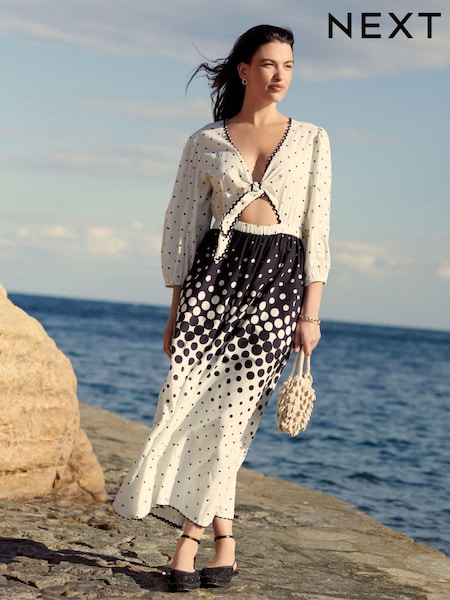 White/Black Long Sleeve Tie Summer Dress (K79265) | €39