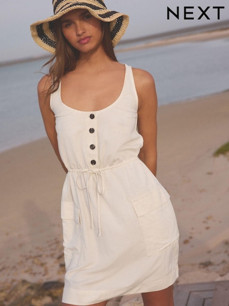 Ecru Cream Utility Sleeveless Mini Dress With Linen (K79284) | €17